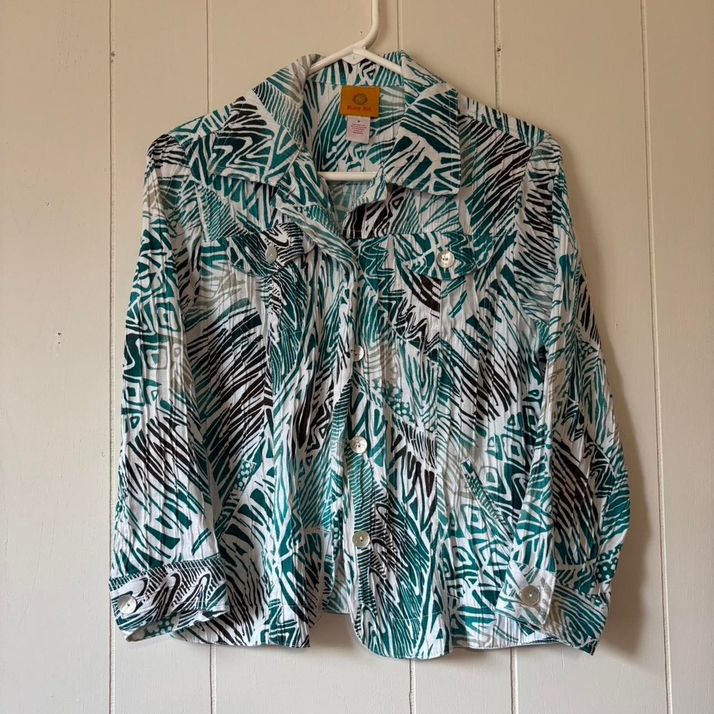 Ruby Rd Teal Abstract Print Button Front Jacket Women's Size 8